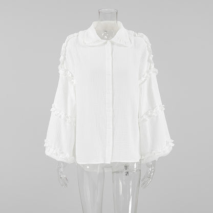XAKXX Spring and summer fashion casual pure cotton white loose lapel lantern sleeve commuter shirt women's  design shirt