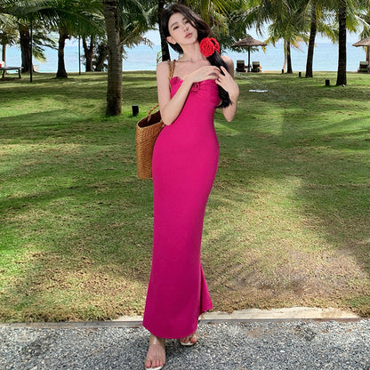 2025 Sexy tube top collarbone one-word shoulder dress women's senior sense vacation sexy rose red stepmother hip wrap long skirt