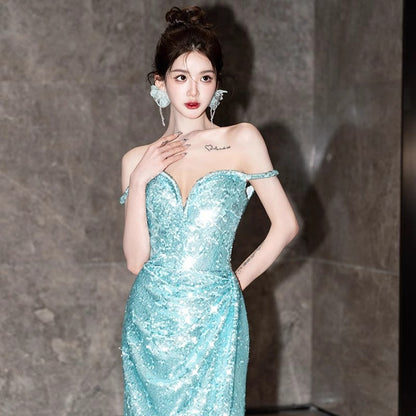 2025 One-word shoulder blue tube top evening dress 2025 style mermaid Ji sexy sequin fishtail dress women