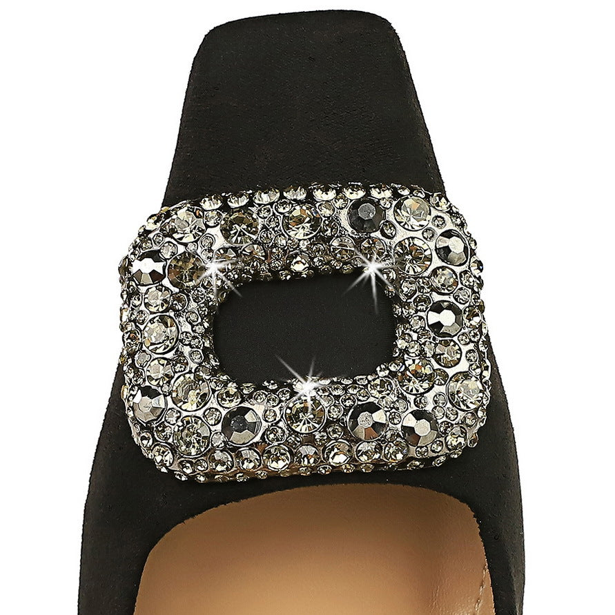 2025 6183-3K83  style fashion banquet women's shoes thin heel high heel suede light mouth square head metal rhinestone buckle single