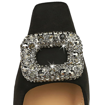 2025 6183-3K83  style fashion banquet women's shoes thin heel high heel suede light mouth square head metal rhinestone buckle single