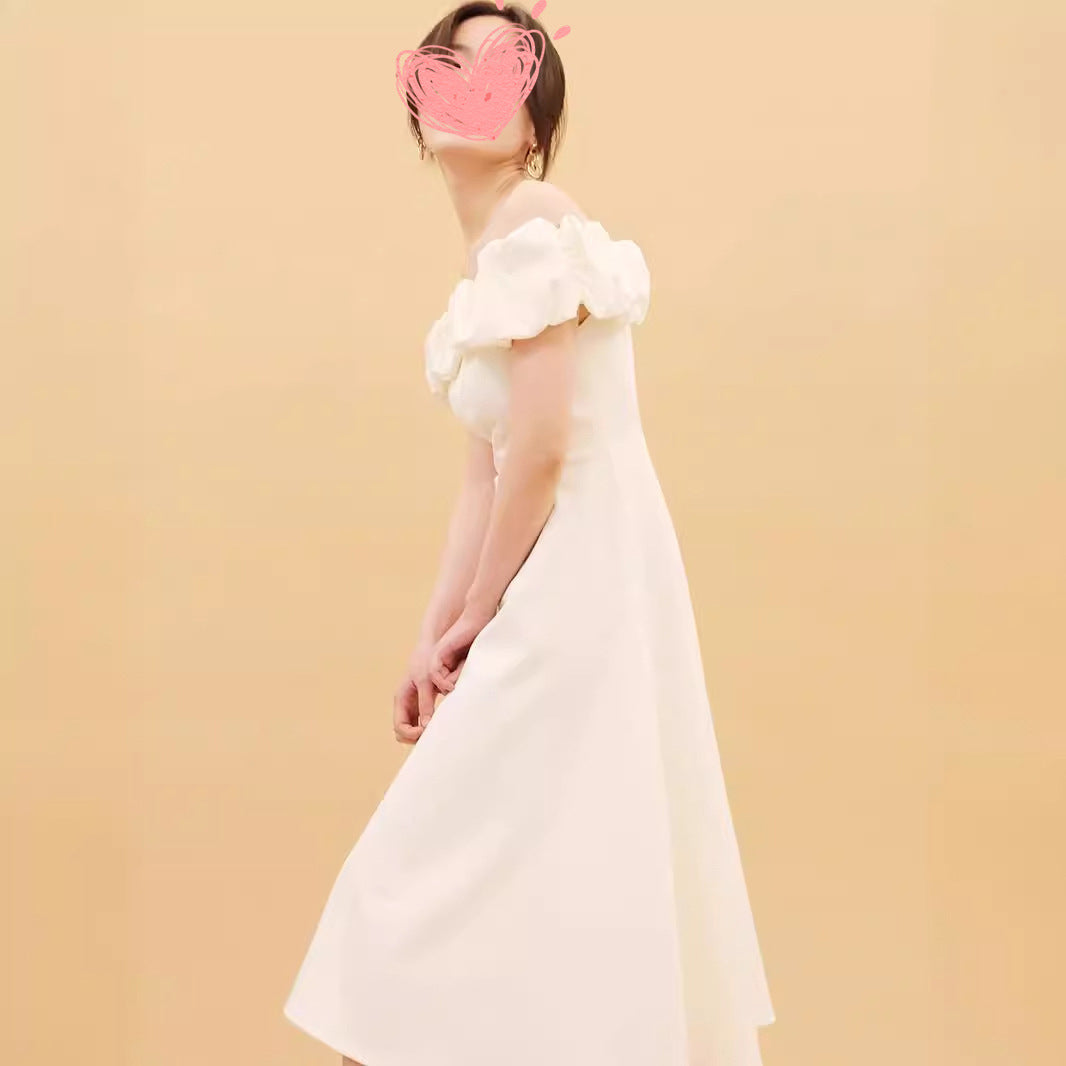 2025 spring white dress skirt pleated off-the-shoulder one-word collar elastic slim and thin two-length dress