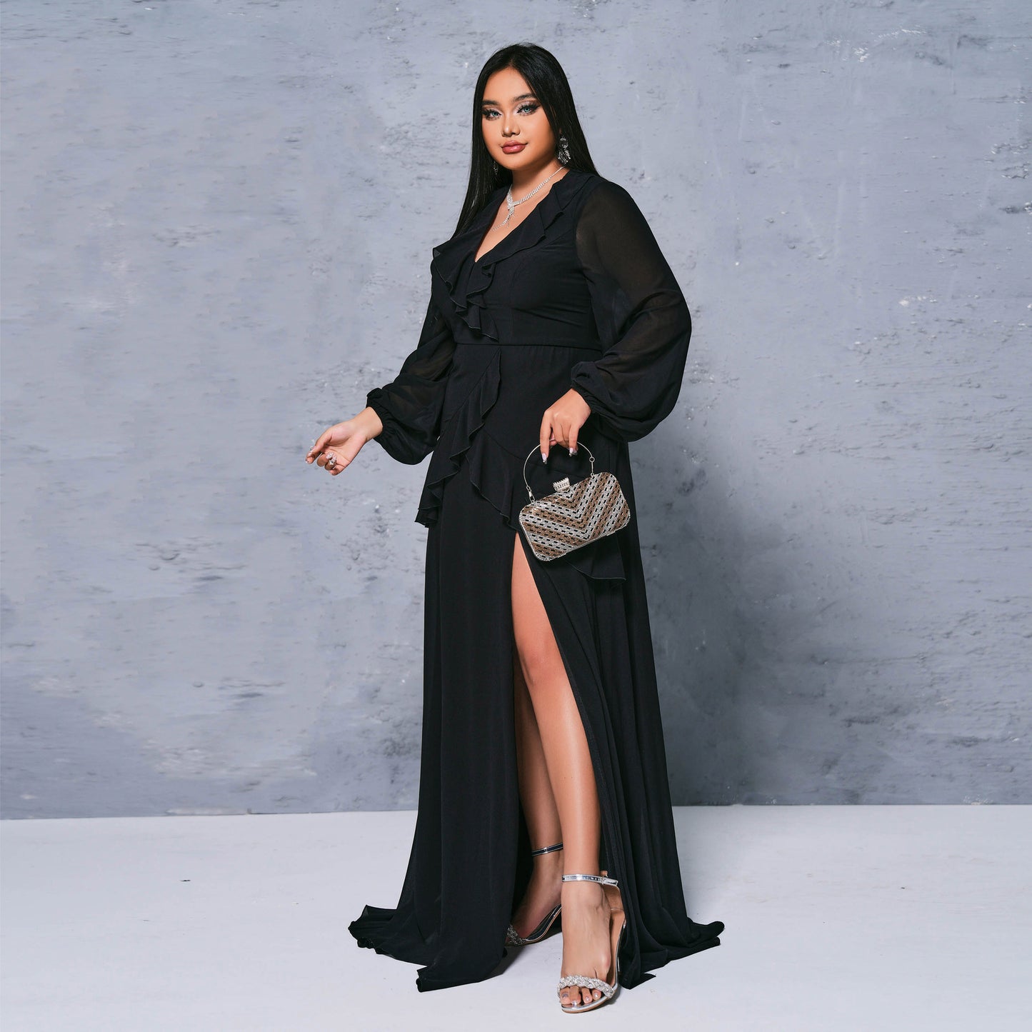 2025 Popular trade  fat mm large size women's clothing long V-neck banquet long sleeve sexy split evening dress dress