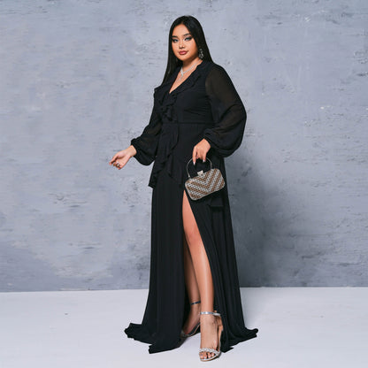 2025 Popular trade  fat mm large size women's clothing long V-neck banquet long sleeve sexy split evening dress dress