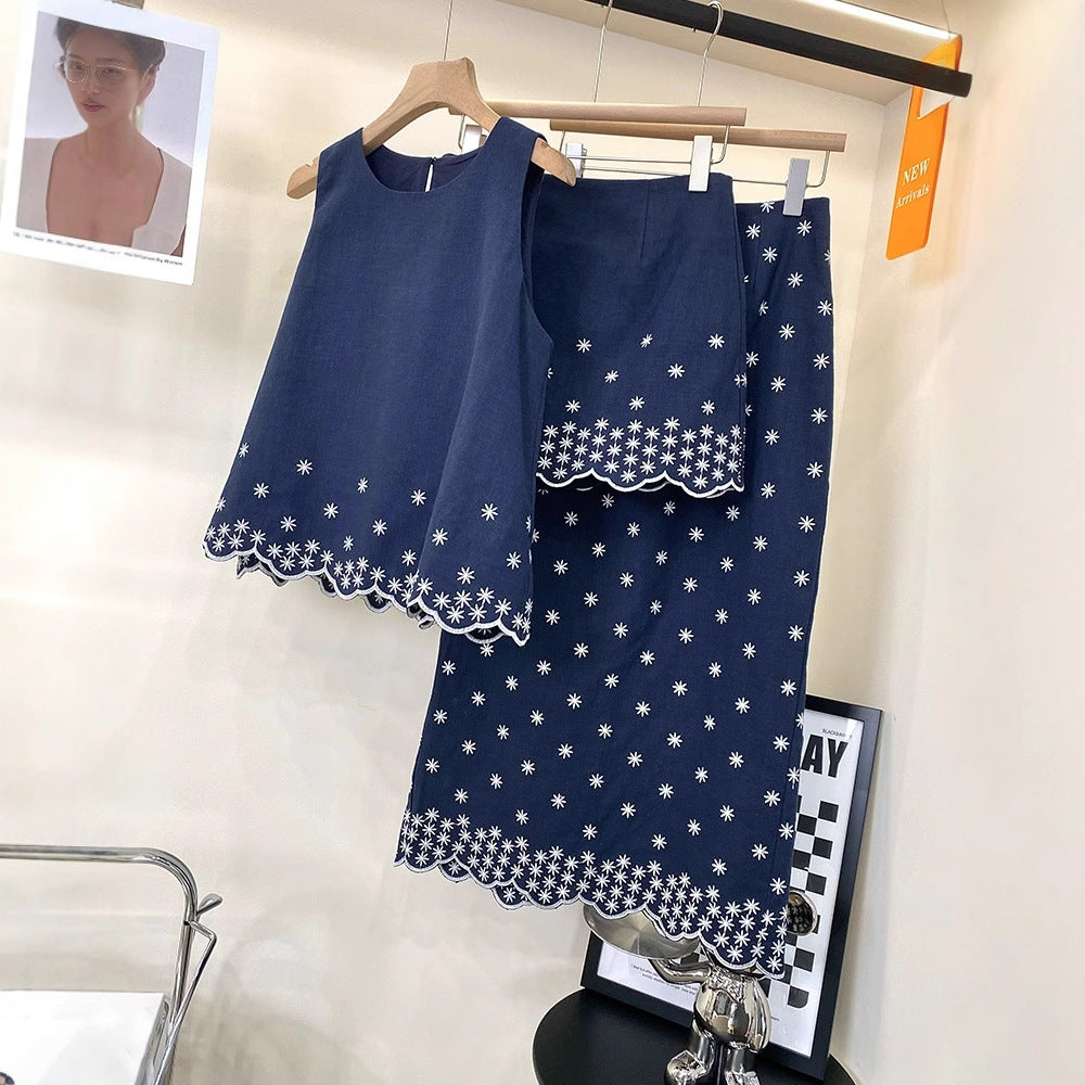 2025 Popularan station embroidery small daisy sleeveless top ramie skirt fashion suit women's summer wear a complete set of skirts