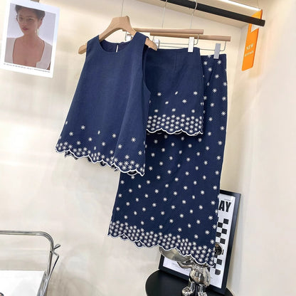 2025 Popularan station embroidery small daisy sleeveless top ramie skirt fashion suit women's summer wear a complete set of skirts