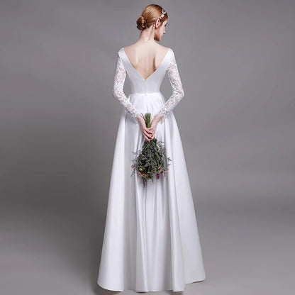 2025 Spring long-sleeved wedding dress light luxury new simple lace flush satin wedding dress white out light yarn welcome dress women