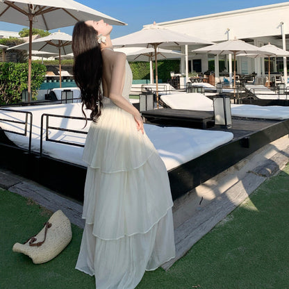 2025 Seaside vacation atmosphere dress women's pleated deep V neck long dress pure desire wind sexy big backless lace dress