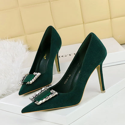 2025 516-K73  Spring and Autumn Banquet High Heel Shoes Thin Heel Suede Shallow Mouth Pointed Metal Rhinestone Buckle Single Shoes Women's Shoes