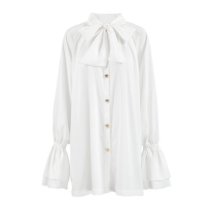 XAKXX Autumn and winter casual temperament thick matte satin versatile loose streamer collar horn sleeve lace-up women's dress white