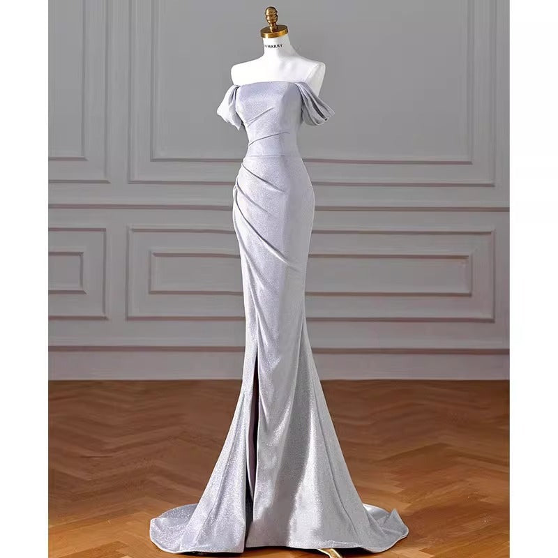 2025 Silver shoulder toast suit sexy slim annual meeting catwalk host evening dress fish tail waist dress women