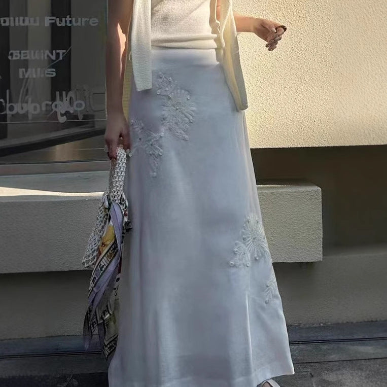2025 25 spring and summer glossy silk and hemp heavy industry embroidery shell high waist zipper long white hip skirt straight skirt