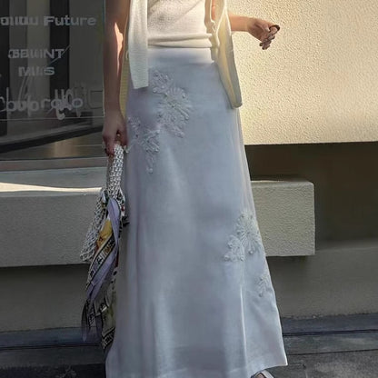 2025 25 spring and summer glossy silk and hemp heavy industry embroidery shell high waist zipper long white hip skirt straight skirt