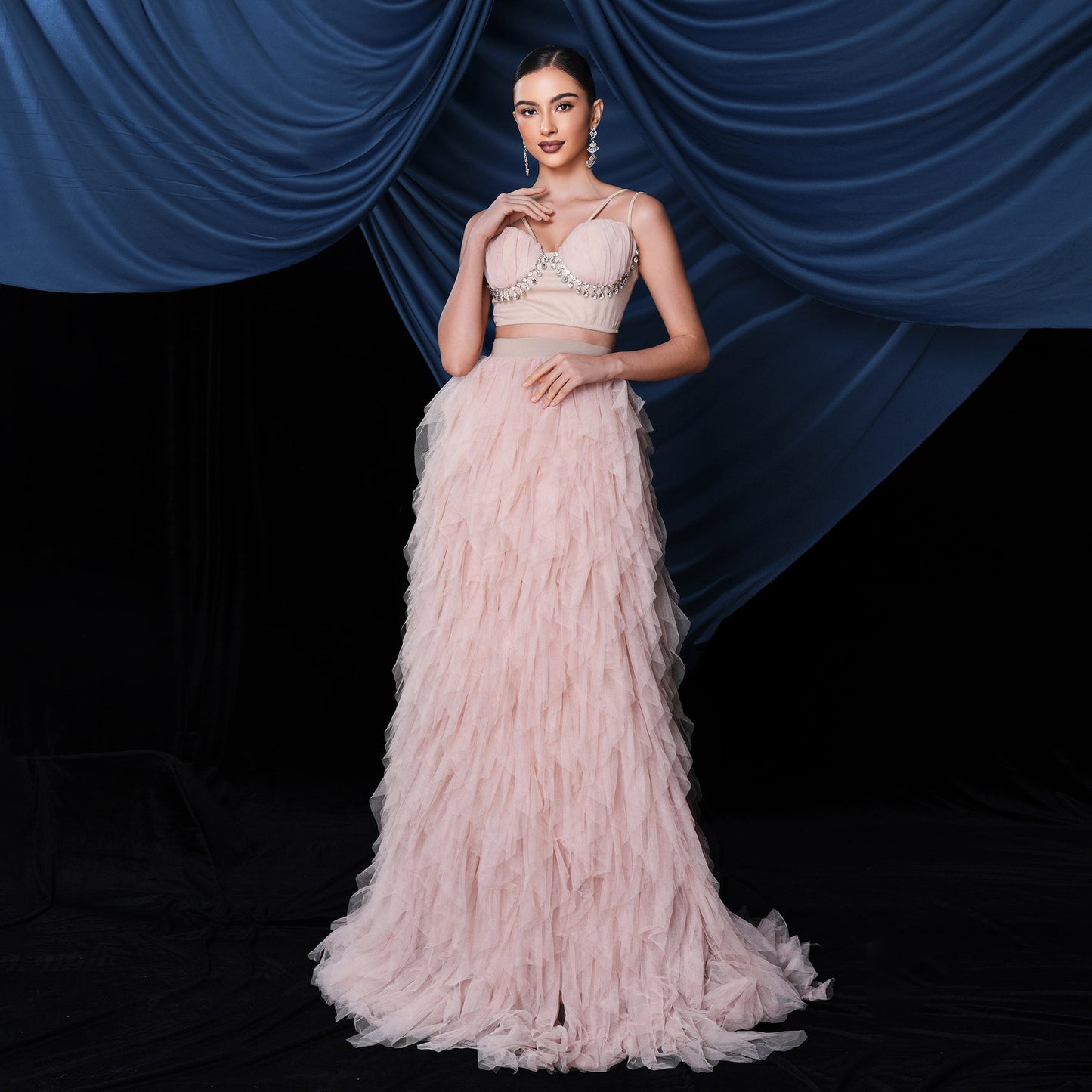 2025 suspender temperament sexy top long mesh pendulum skirt banquet set evening dress two-piece set