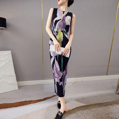 2025 Fashion high-end pleated skirt summer women's new long sleeveless printed straight versatile retro dress