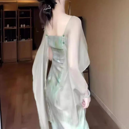 2025 New Chinese oil painting fake two-piece dress women's summer popular new chic shawl medium and long split skirt
