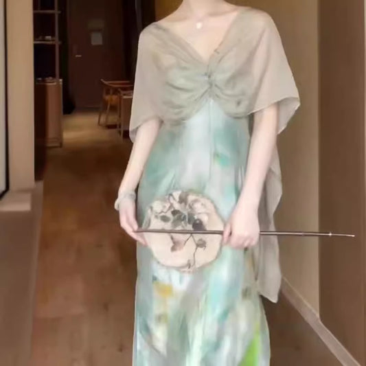 2025 New Chinese oil painting fake two-piece dress women's summer popular new chic shawl medium and long split skirt