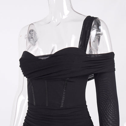 XAKXX  Summer tanning single shoulder chest wrap small black dress hip lift waist fold mesh yarn perspective fishbone skirt girlfriends dress