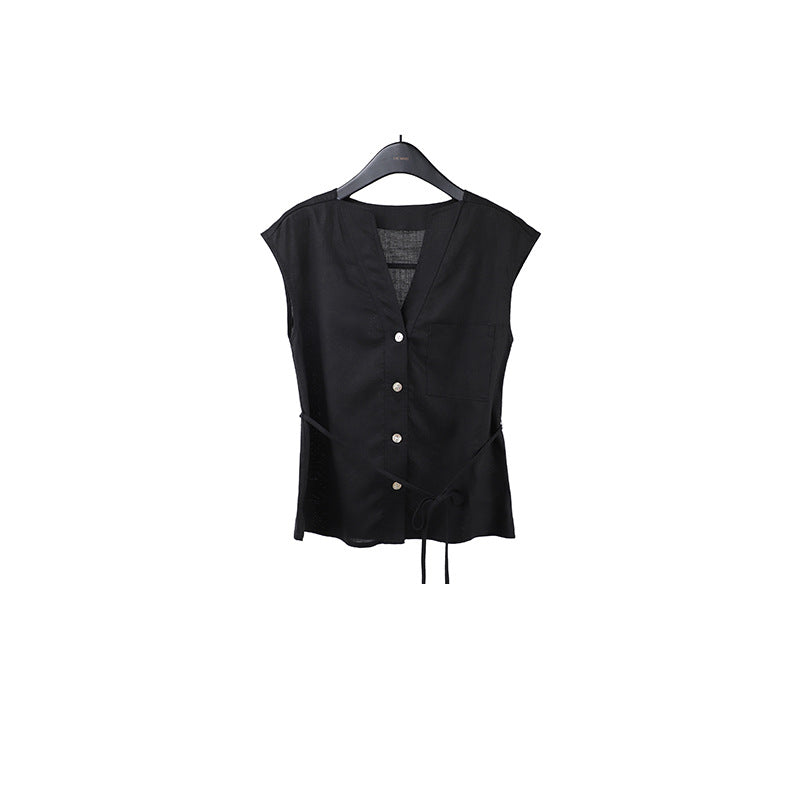 2025  Tencel linen lace-up sleeveless shirt women's 2025 summer new versatile cardigan top T5050X