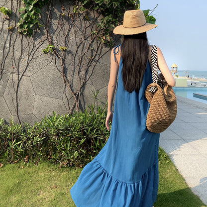 2025 Summer beach retro elegant  white neck dress travel vacation style fashion design sense long dress women