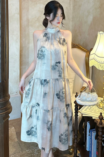 2025 Premium tie-dye neck dress women's summer new retro chic and thin sexy off-the-shoulder strap long skirt