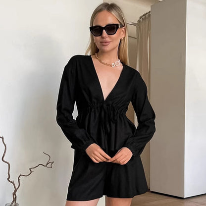 XAKXX Black V-neck cotton and linen long-sleeved hot pants set New 2025 autumn and winter fashion new  wholesale two-piece set for women