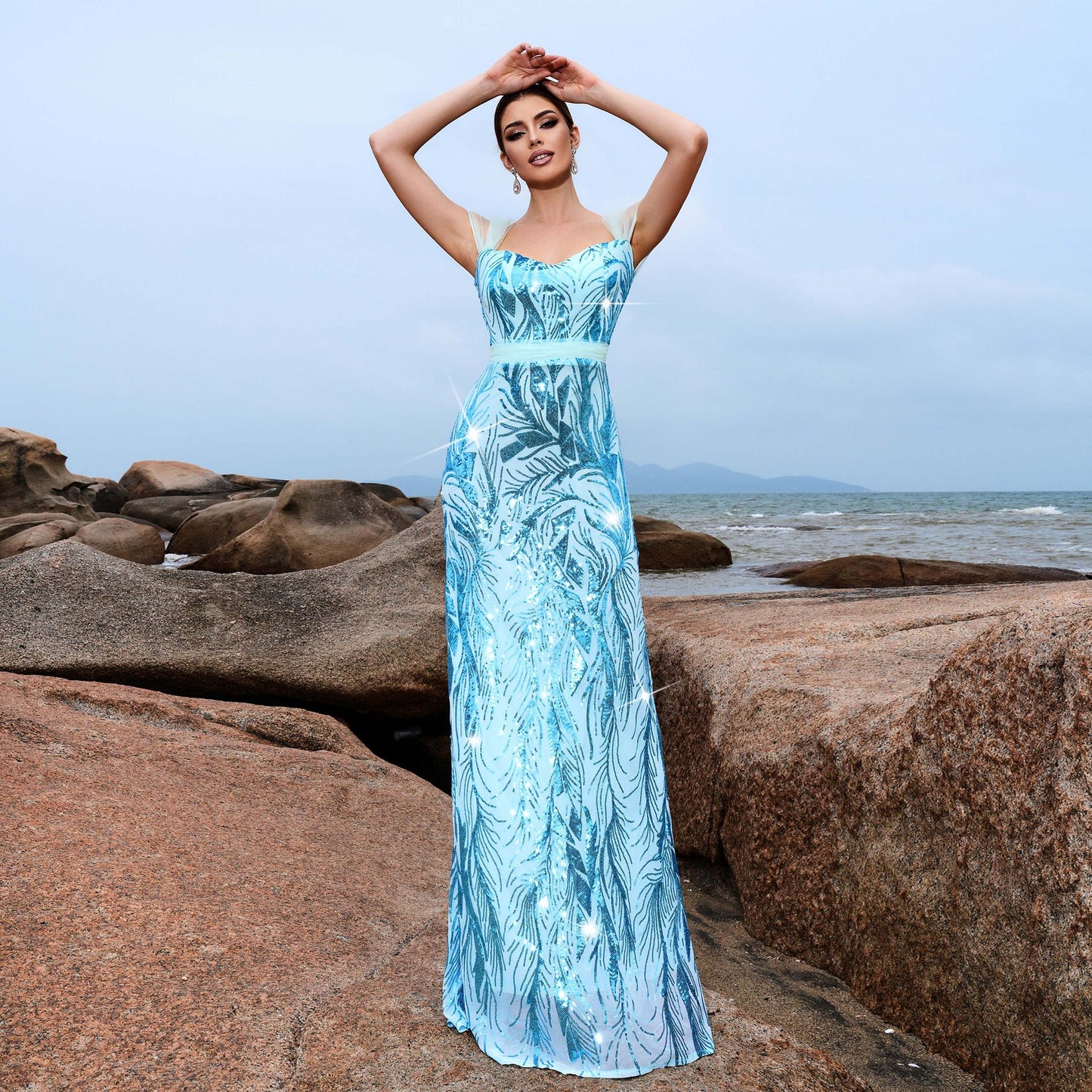 2025 sleeveless temperament square collar sexy slim long sequined banquet evening dress bridesmaid dress women
