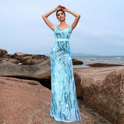 2025 sleeveless temperament square collar sexy slim long sequined banquet evening dress bridesmaid dress women