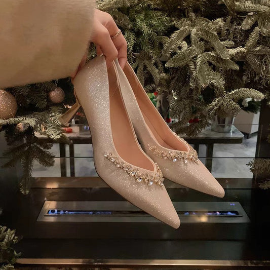 2025 Spot sheepskin version~ Grape mother same  sparkling rhinestone temperament small pointed head shallow mouth wedding shoes high heels women