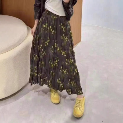 2025 Spring Korean version of high waist pleated retro floral A-shaped skirt versatile skirt fairy skirt fashionable medium and long skirt
