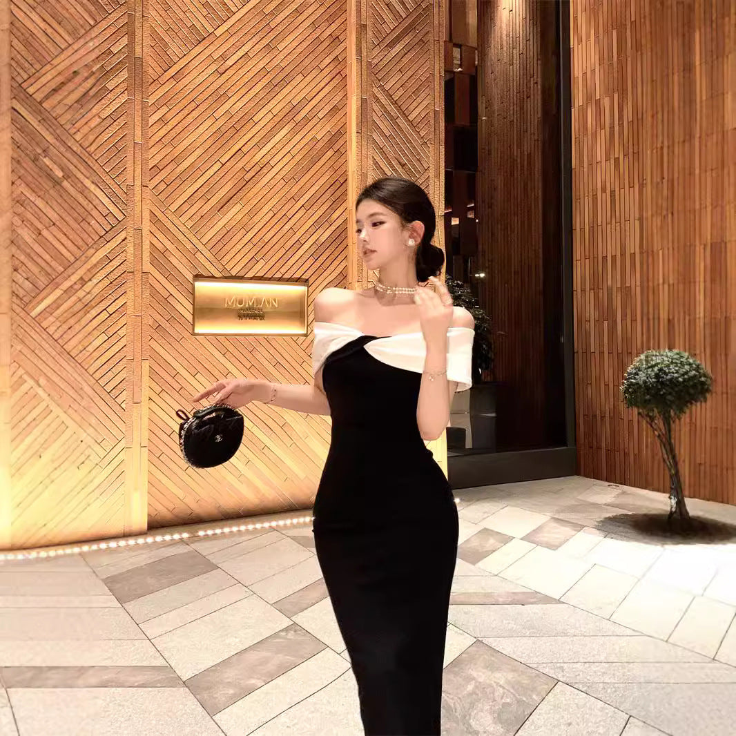 2025 one-word shoulder dress women's summer black and white splicing waist slim temperament annual meeting evening dress hip-wrapped dress