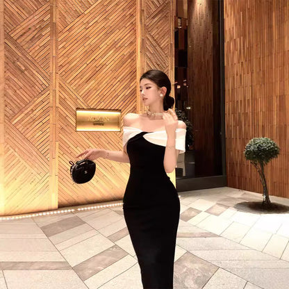 2025 one-word shoulder dress women's summer black and white splicing waist slim temperament annual meeting evening dress hip-wrapped dress