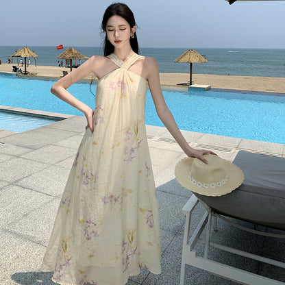 2025 holiday style print neck dress female summer fairy gentle seaside photo sleeveless beach long skirt