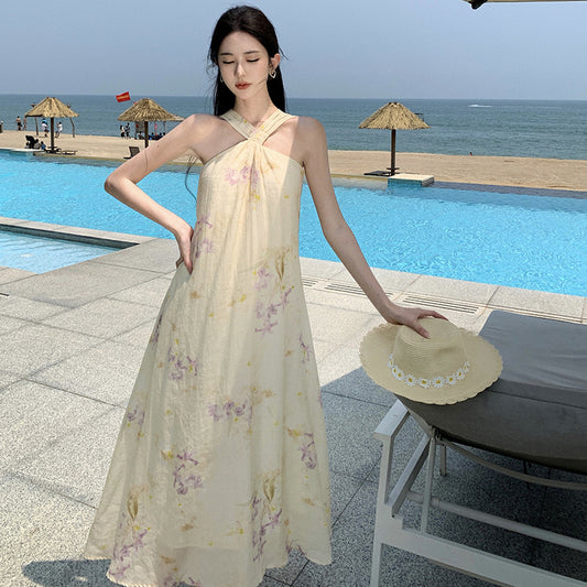 2025 holiday style print neck dress female summer fairy gentle seaside photo sleeveless beach long skirt