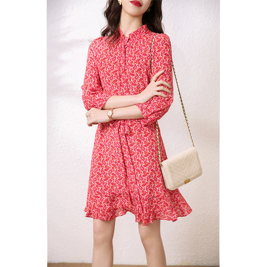 2025 Floral silk dress  summer new  Platycodon medium and long women's clothing, red mulberry silk skirt