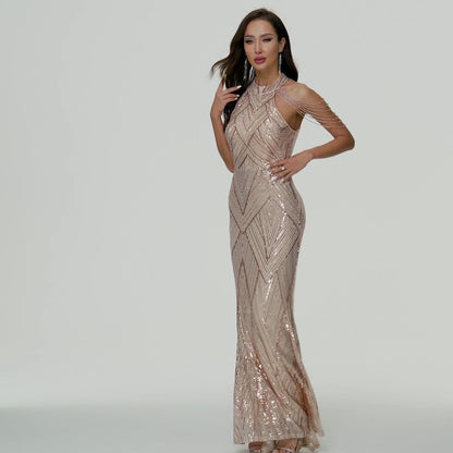 2025 banquet dresses have elegant temperament, high-end unique, slim and thin, and the host will perform long dresses at the party
