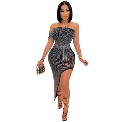 X5046    European and American Evening Dress Rhinestone Mesh Wrapped Chest Irregular Women's Clothing Dress