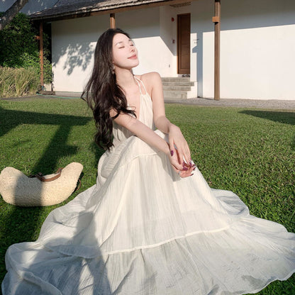 2025 Seaside vacation atmosphere dress women's pleated deep V neck long dress pure desire wind sexy big backless lace dress