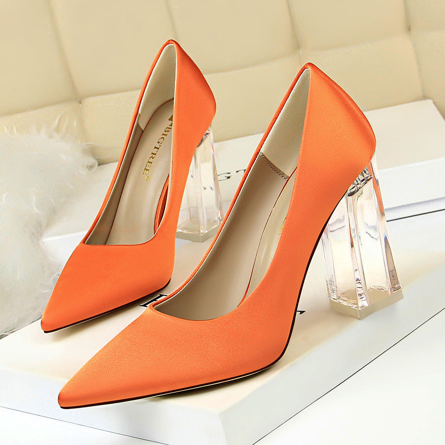 2025 2993-1 Korean version of fashion transparent crystal heel high heel satin light mouth pointed sexy high heels wedding shoes women's single shoes