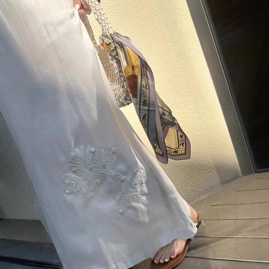 2025 25 spring and summer glossy silk and hemp heavy industry embroidery shell high waist zipper long white hip skirt straight skirt