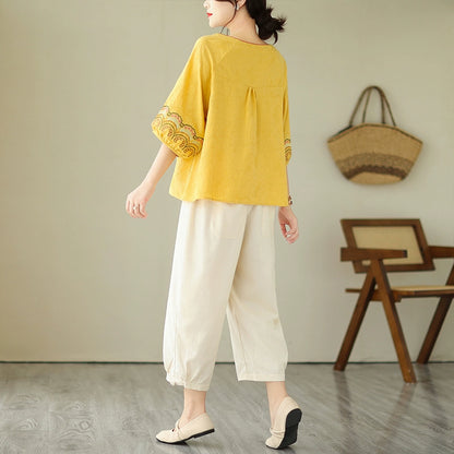 Young mother fashion suit jacquard loose literary button top ramie nine-point Harlan pants casual two-piece set