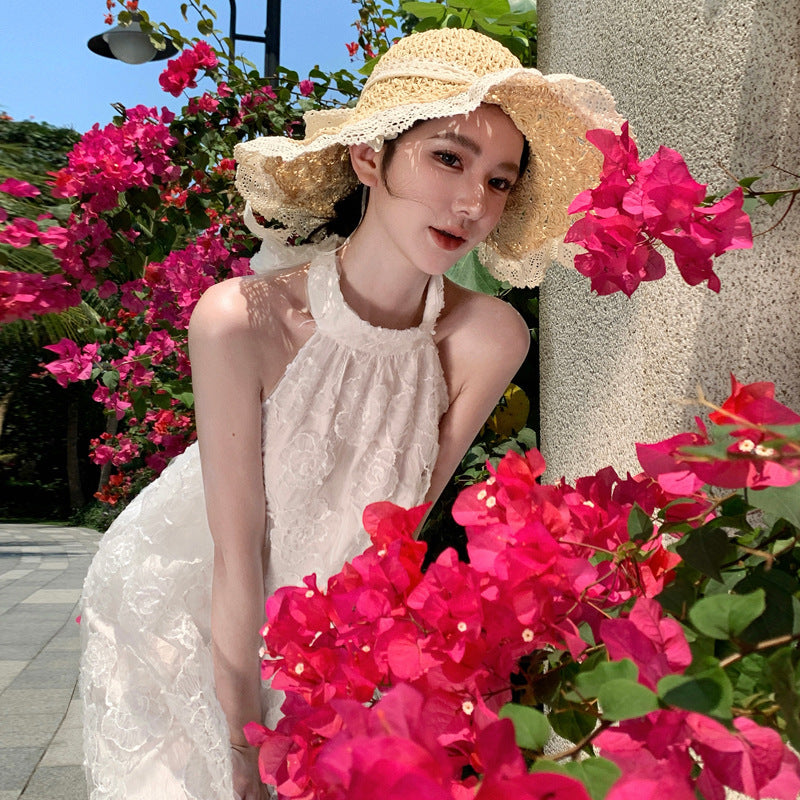 2025 Flower embroidered morning robe dress dress women's summer atmosphere vacation style super fairy pendulum neck suspender dress