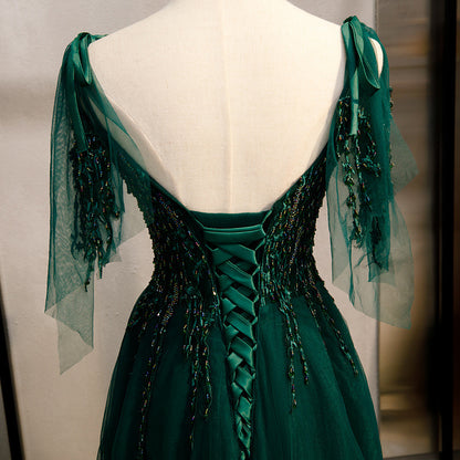 Banquet evening dress 2004 new small trailing elegant party dress dark green evening dress