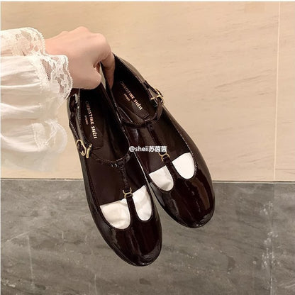 2025 Cowhide version~ Su Yinyin's same spring and autumn small gold buckle retro round head T belt versatile Mary Jane flat shoes women's single shoes