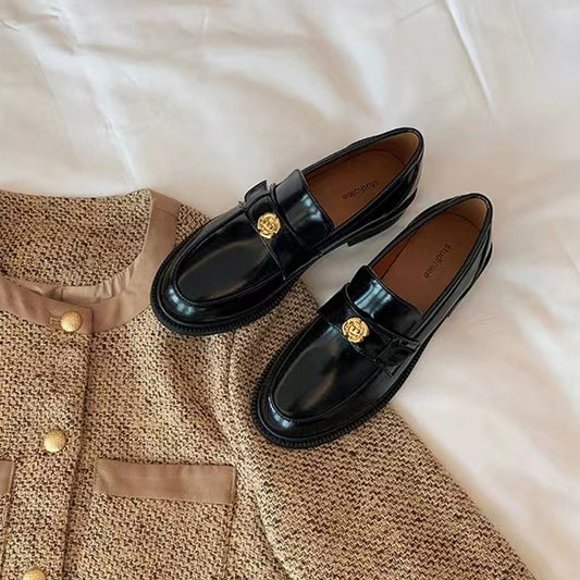 2025 Cowhide version~ Grape mother same  platform leather gold coin camellia loafers women's small leather shoes single shoes