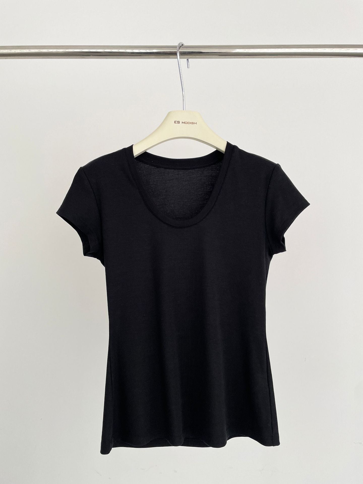 2025 ES MODISH Spring New Product Waist Skinny Shoulder U-Neck Short Sleeve T-Shirt Women's Design Versatile Tencel Top