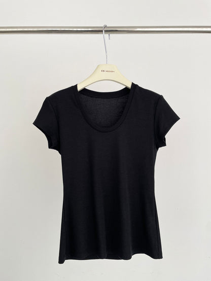 2025 ES MODISH Spring New Product Waist Skinny Shoulder U-Neck Short Sleeve T-Shirt Women's Design Versatile Tencel Top