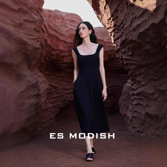 2025 ES MODISH spring new  high-end explosion square collar halter waist suspender small black dress dress women