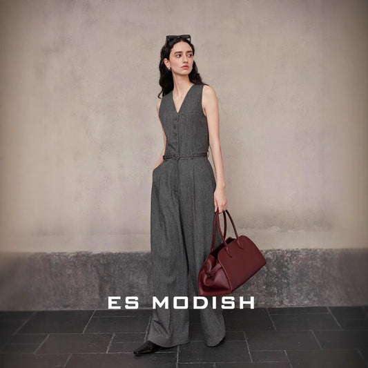 2025 ES MODISH spring new Korean version niche V-neck sleeveless waist denim jumpsuit (with belt) girls