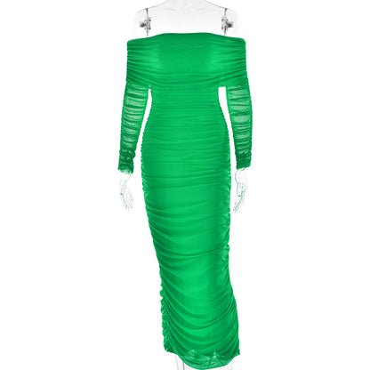 2025 New new mesh one-word shoulder pleated dress Popularan beautiful woman decoration body long-sleeved hip-wrapped dress